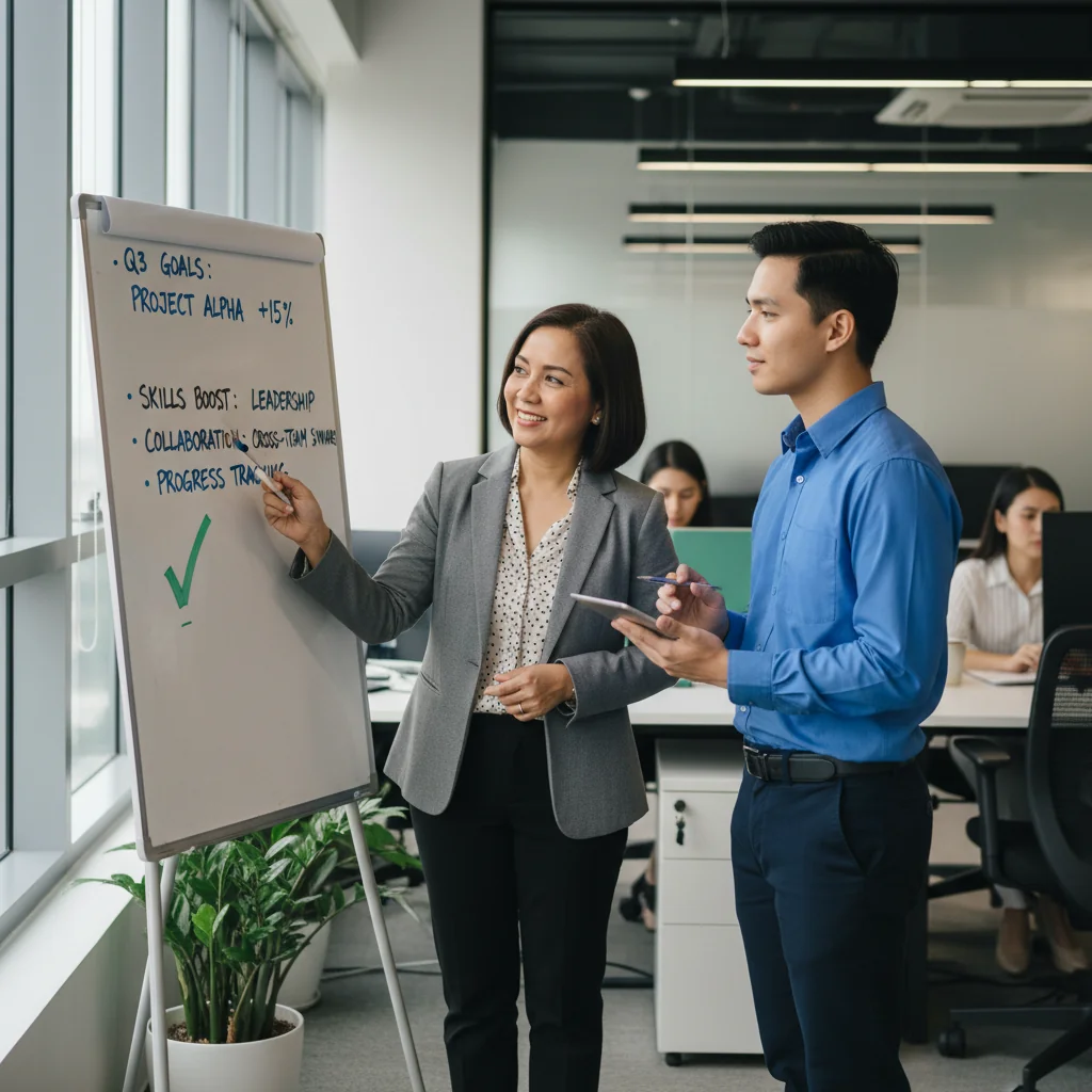 A photorealistic image of a professional Filipino manager in a modern office setting, conducting a constructive performance improvement meeting with an adult employee. The manager is gesturing positively, and the employee looks engaged and motivated, symbolizing support and growth in a workplace environment. No children or legal documents are visible.
