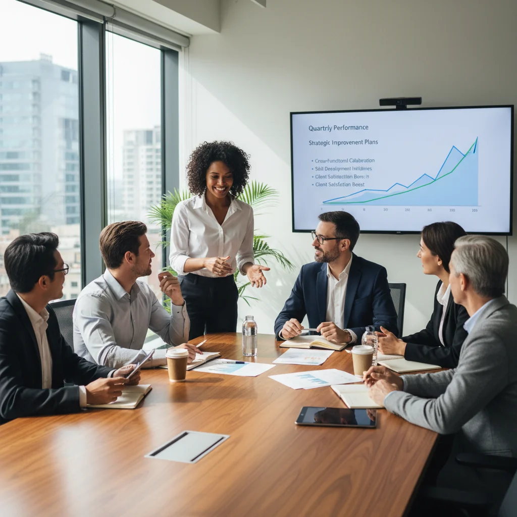 A photorealistic image depicting a professional business meeting in a modern office, where a manager and team members are collaboratively discussing performance improvement strategies using charts and graphs on a whiteboard, symbolizing effective planning for better work outcomes.
