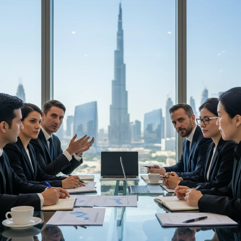A photorealistic image of a diverse group of professional adults in a modern UAE office setting, engaged in a collaborative performance improvement planning session. They are adults only, reviewing charts and discussing goals around a conference table with UAE skyline visible through windows, symbolizing business growth and development in the Emirates.