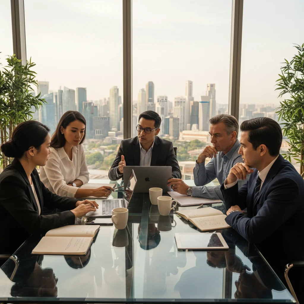 A photorealistic image of a professional business meeting in a modern Singapore office, showing diverse adult employees discussing performance improvement plans around a conference table, with city skyline visible through windows, emphasizing collaboration and professional development without any legal documents or children.