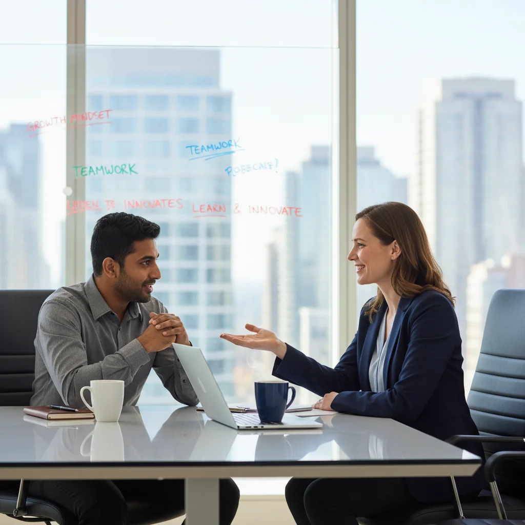 A photorealistic image depicting a professional meeting in a modern Canadian office, where a manager and an adult employee are engaged in a constructive discussion about performance improvement, symbolizing growth and support in the workplace. The scene shows diverse adults in business attire, with elements like a whiteboard or notes indicating progress, set against a window with a subtle Canadian cityscape view.