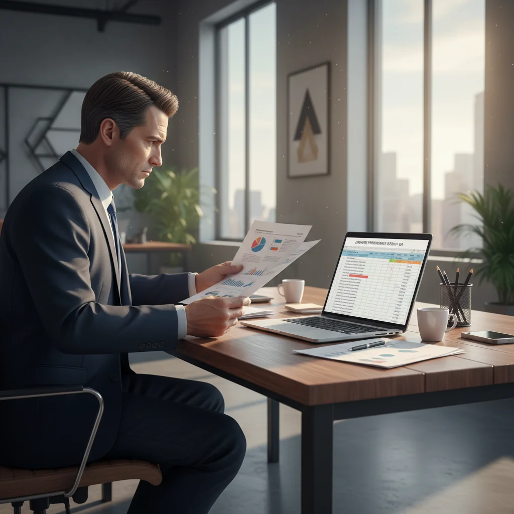 A photorealistic image of a professional manager in a modern office setting, preparing for a performance discussion with an adult employee, showing a thoughtful expression while reviewing notes at a desk, no children or legal documents visible.