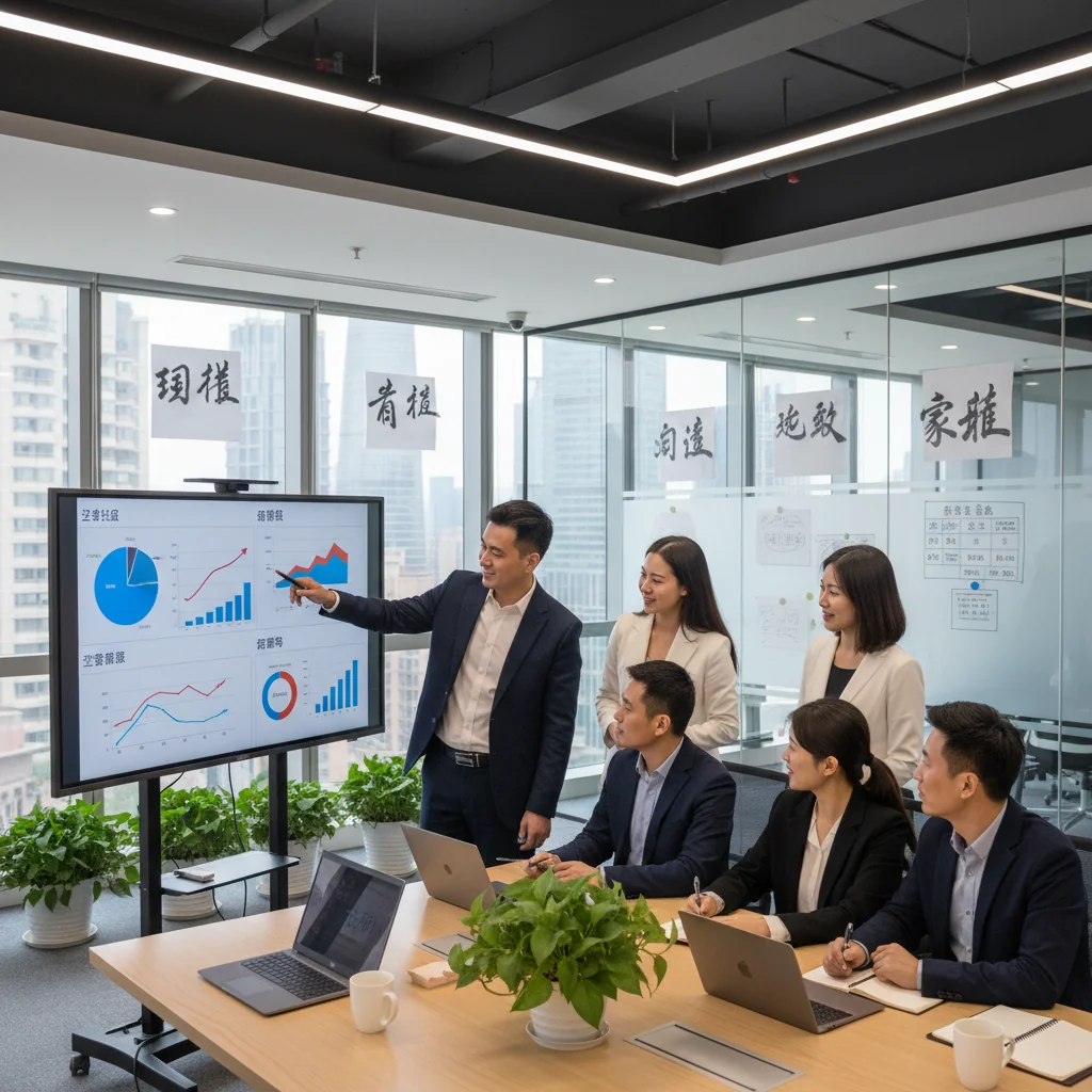 A photorealistic image depicting a diverse group of adult professionals in a modern Chinese office setting, collaboratively reviewing performance charts and improvement plans on a large digital screen, symbolizing strategic planning and team success in a business context.
