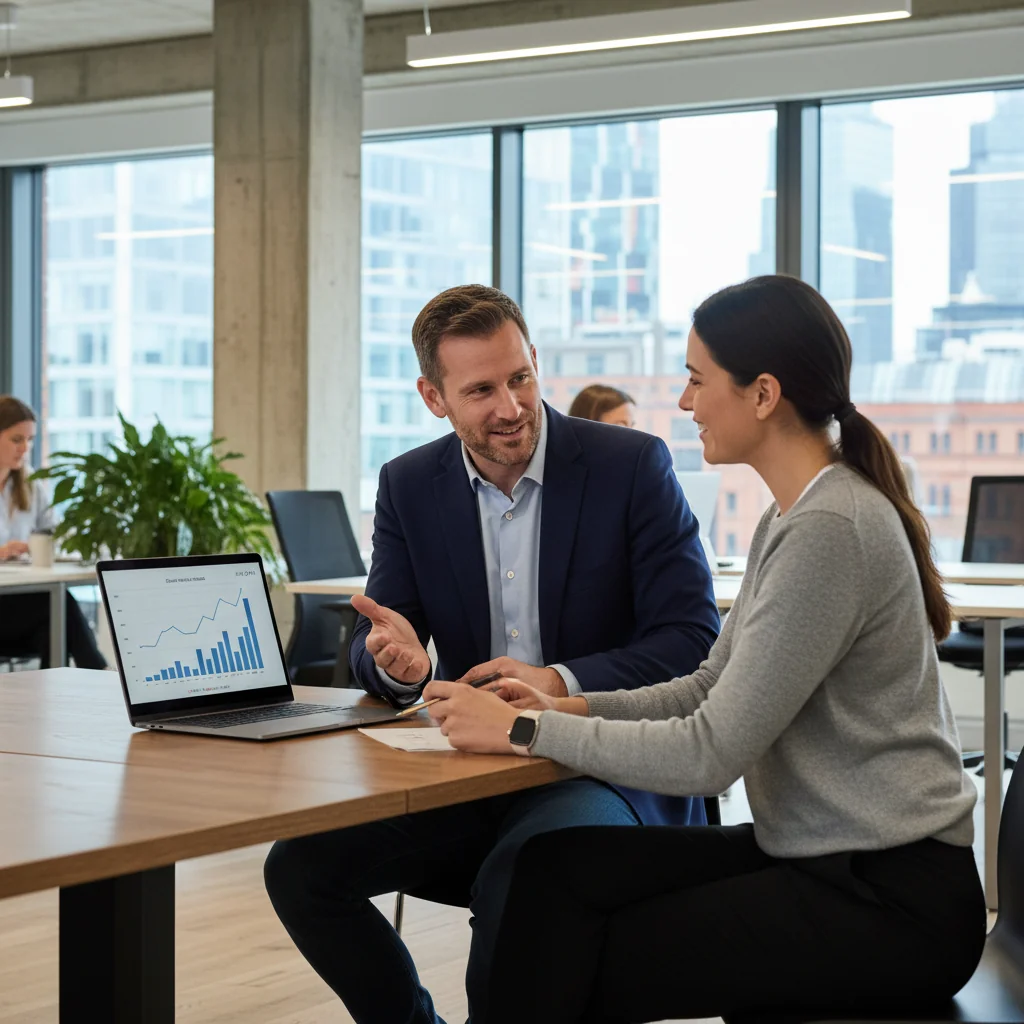 A photorealistic image of a professional employee in a modern UK office setting, engaged in a one-on-one meeting with a manager, symbolizing performance improvement and career development. The scene shows the employee looking motivated and attentive, discussing work on a laptop, with subtle UK elements like a Union Jack flag in the background. No children are present in the image.
