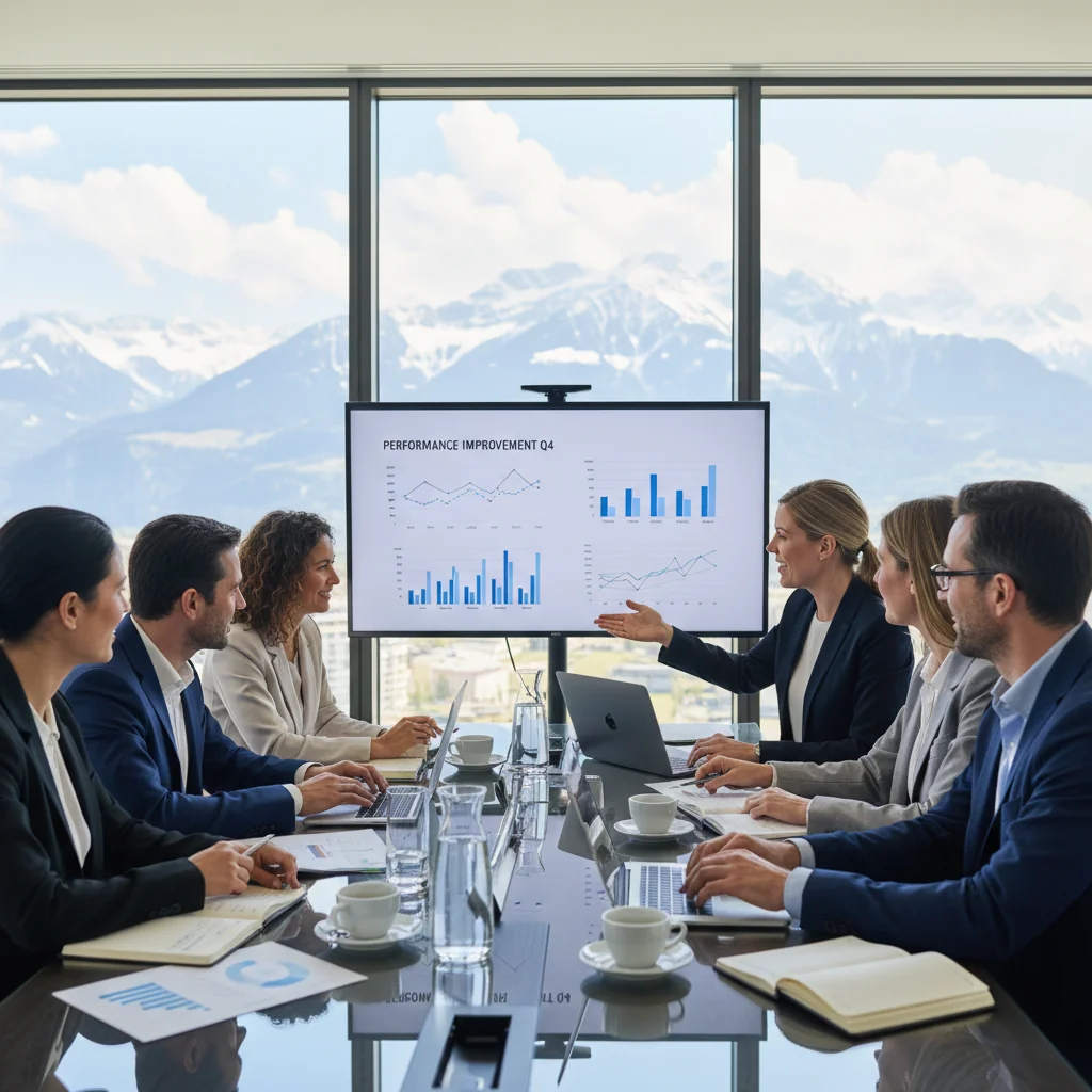 A photorealistic image of a professional business meeting in a modern Swiss office, showing diverse adults discussing performance improvement strategies around a table with laptops and notes, symbolizing career development and workplace enhancement in Switzerland.