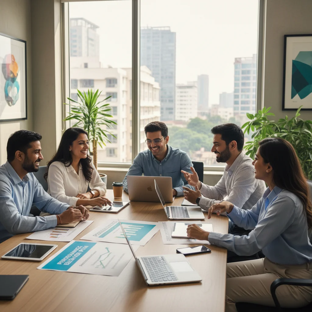 A photorealistic image depicting the benefits and application of a performance improvement plan in India, showing a diverse group of adult professionals in a modern Indian office setting, engaged in a productive meeting, with expressions of focus, collaboration, and positive growth, symbolizing career development and workplace enhancement, no children present.