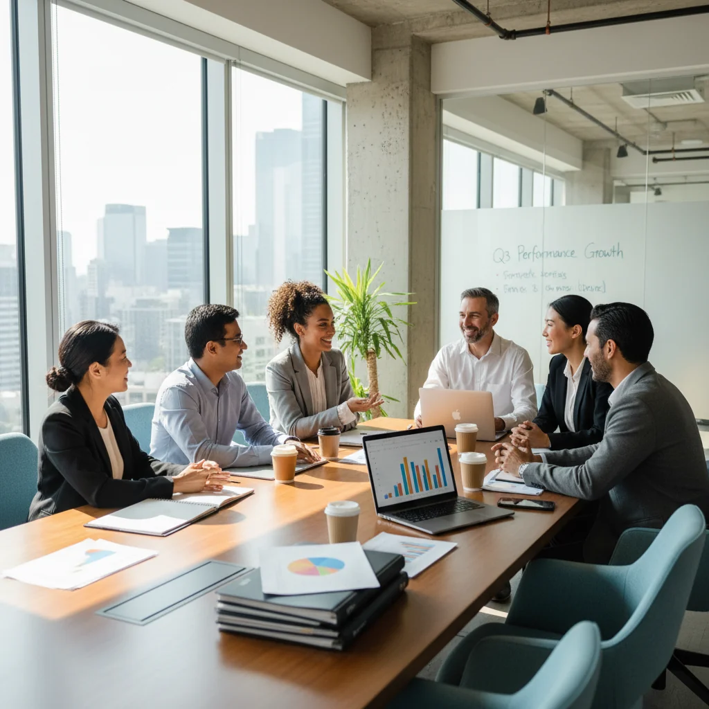 A photorealistic image of a diverse group of adult professionals in a modern office setting, engaged in a collaborative performance improvement meeting. They are adults only, discussing charts and goals at a conference table, symbolizing effective workplace development and team motivation.