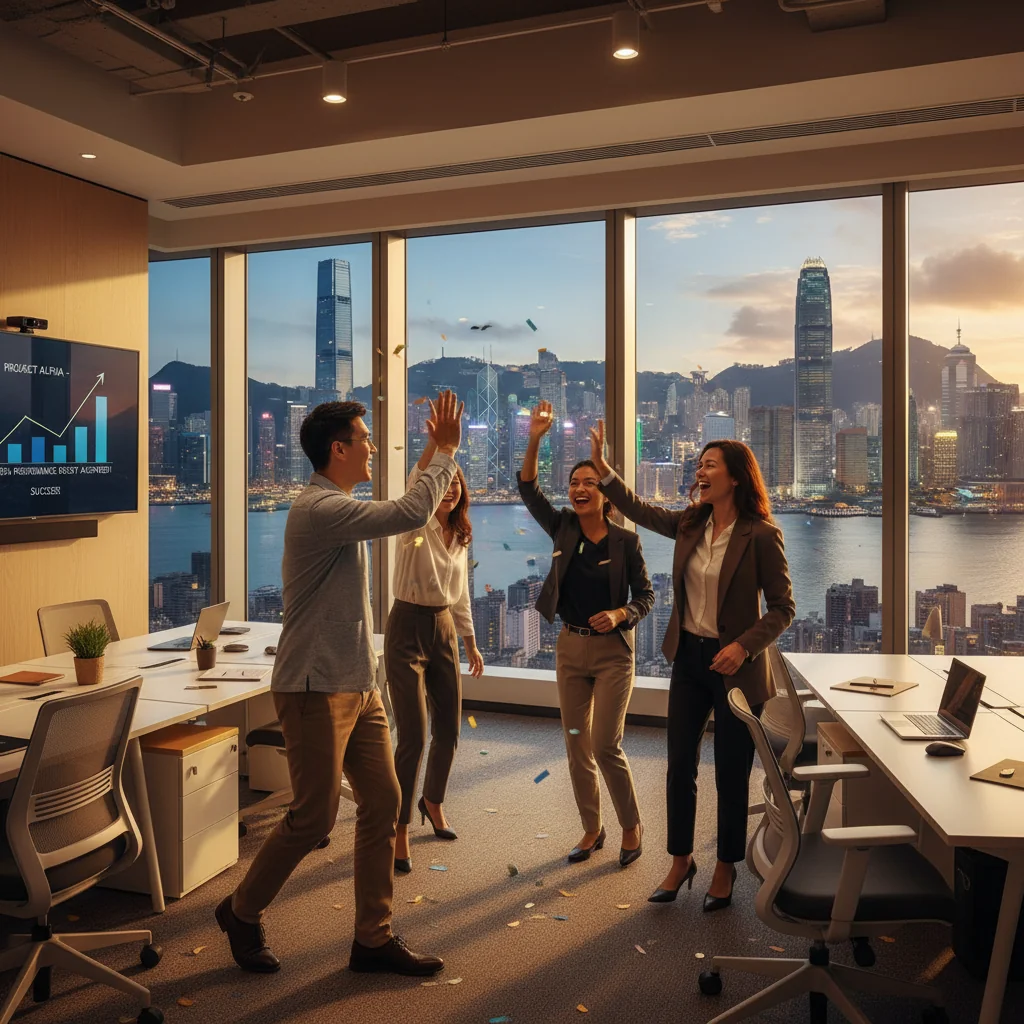 A photorealistic image symbolizing the success of Hong Kong's performance improvement plan, featuring a diverse group of professional adults in a modern office setting in Hong Kong, celebrating a business achievement with smiles and handshakes, skyline visible in the background, conveying improvement and success without any focus on documents.