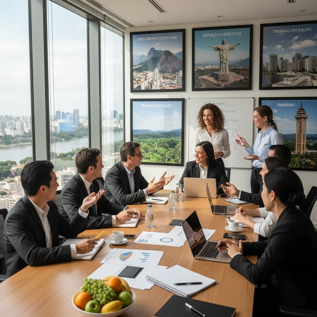 A photorealistic image depicting a diverse group of professional adults in a modern Brazilian office environment, engaged in a collaborative performance improvement meeting. They are smiling and discussing charts on a whiteboard, symbolizing growth and development for businesses.
