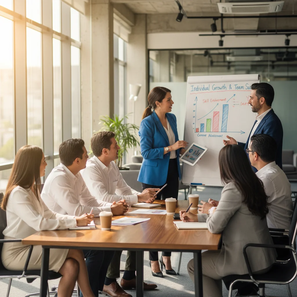 A photorealistic image depicting a diverse group of adult Mexican professionals in a modern office environment, engaged in a positive performance improvement meeting. They are smiling and collaborating around a table with charts showing growth, symbolizing the benefits of performance improvement plans in Mexican companies. No children are present. The scene conveys motivation, teamwork, and professional development.