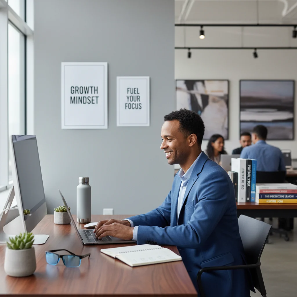 A photorealistic image of a professional adult employee in a modern office setting, looking motivated and engaged in their work on a computer, symbolizing performance improvement and career growth, with no children or documents visible.