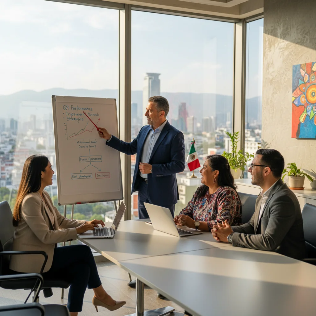 A photorealistic image of a diverse group of adult professionals in a modern Mexican office setting, engaged in a positive performance improvement discussion. One person is presenting a chart on a whiteboard showing upward trending graphs, while others listen attentively, symbolizing growth and development in the workplace. The atmosphere is collaborative and motivational, with elements like Mexican cultural touches such as vibrant colors or subtle national symbols in the background. No children are present.