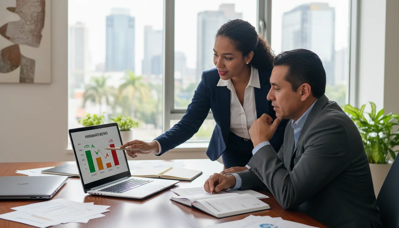 Mexican office workers reviewing performance plan