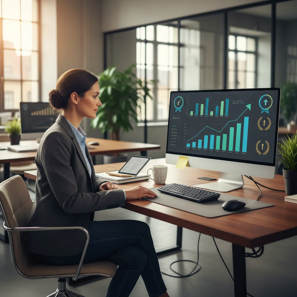 A photorealistic image depicting a professional in a modern office setting, reviewing performance metrics on a computer screen with charts showing improvement, symbolizing career growth and enhancement without focusing on any legal documents.