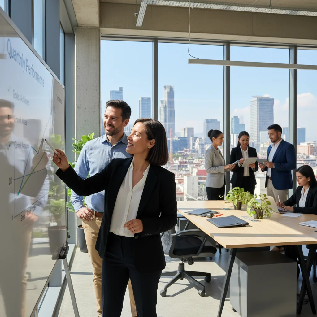 A photorealistic image depicting a professional business meeting in a modern Mexican office, where an adult manager is providing constructive feedback to an adult employee, symbolizing performance improvement and growth, with elements like a whiteboard showing charts and motivational posters in the background, no children present.