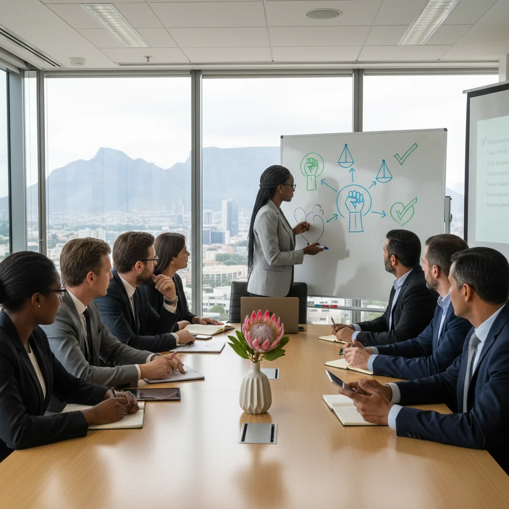 A photorealistic image of a diverse group of adult South African professionals in a modern conference room, engaged in a serious discussion about employment policies, with subtle South African cultural elements in the background like a flag or cityscape view, conveying themes of legal rights, obligations, and fair labor practices in a PIP process.
