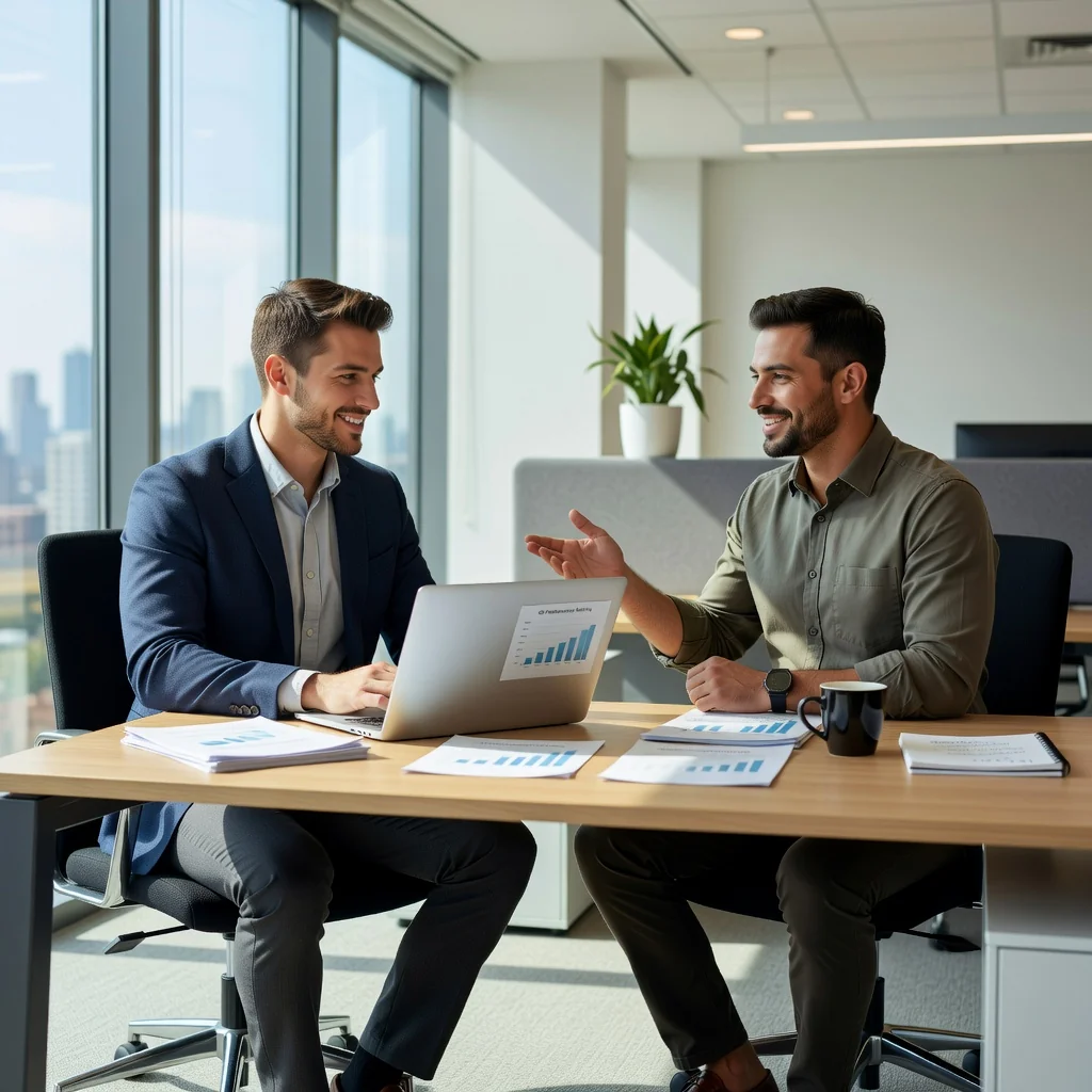 A photorealistic image of a professional adult employee in a modern office setting, looking determined and focused while reviewing notes on a tablet during a one-on-one meeting with a manager, symbolizing performance improvement and growth without showing any documents or children.