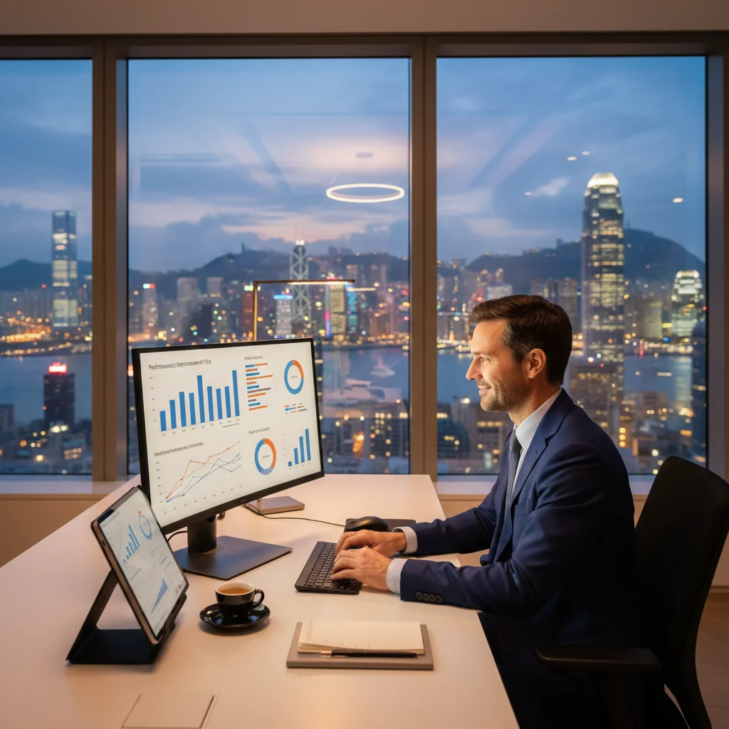 A photorealistic image depicting an adult professional in a modern Hong Kong office setting, reviewing performance improvement strategies on a computer, with the city's skyline visible through the window, symbolizing career growth and business enhancement in Hong Kong.