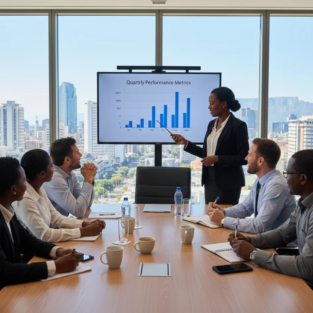 A photorealistic image of a diverse group of adult professionals in a modern South African office setting, engaged in a constructive performance review meeting. One employee is discussing goals with a manager at a conference table, with laptops and charts visible, symbolizing support and improvement in a professional environment. No children or legal documents are present.