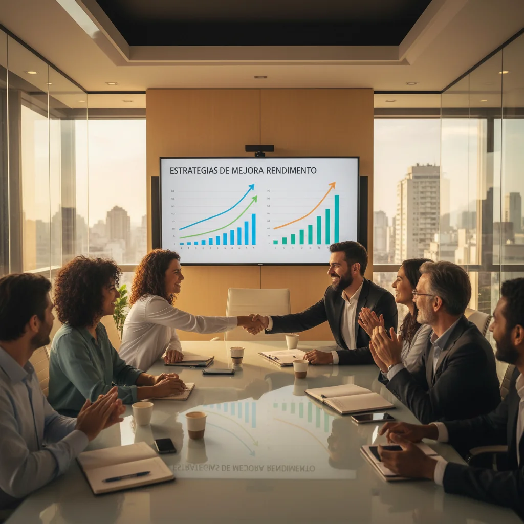 A photorealistic image depicting professional growth and performance improvement in an Argentine business setting, featuring diverse adult employees in a modern office environment, collaborating on a project with charts and graphs, showing enthusiasm and success, with subtle Argentine elements like a flag in the background.