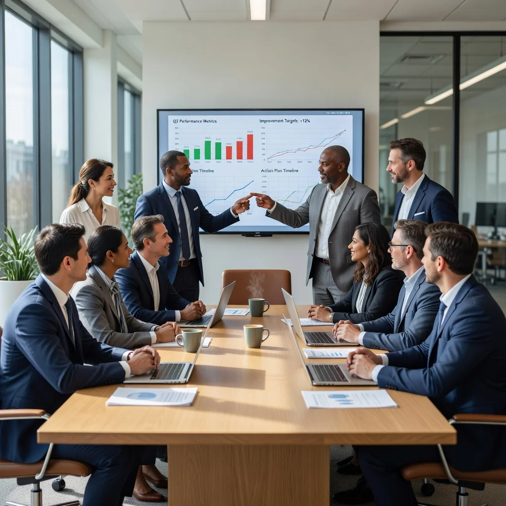 A photorealistic image of a diverse group of adult professionals in a modern office setting, engaged in a collaborative performance improvement meeting. They are adults only, reviewing charts and discussing strategies on a whiteboard, with expressions of motivation and teamwork, symbolizing growth and enhancement in workplace performance. No children are present.