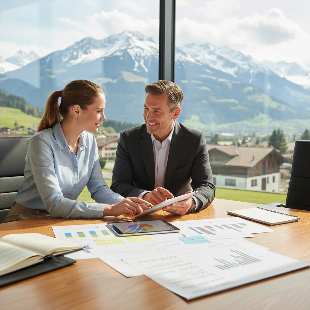 A photorealistic image depicting a professional meeting between a manager and an employee in a modern Swiss office, discussing performance improvement strategies, with Swiss Alps visible through the window, conveying motivation and growth in the workplace.