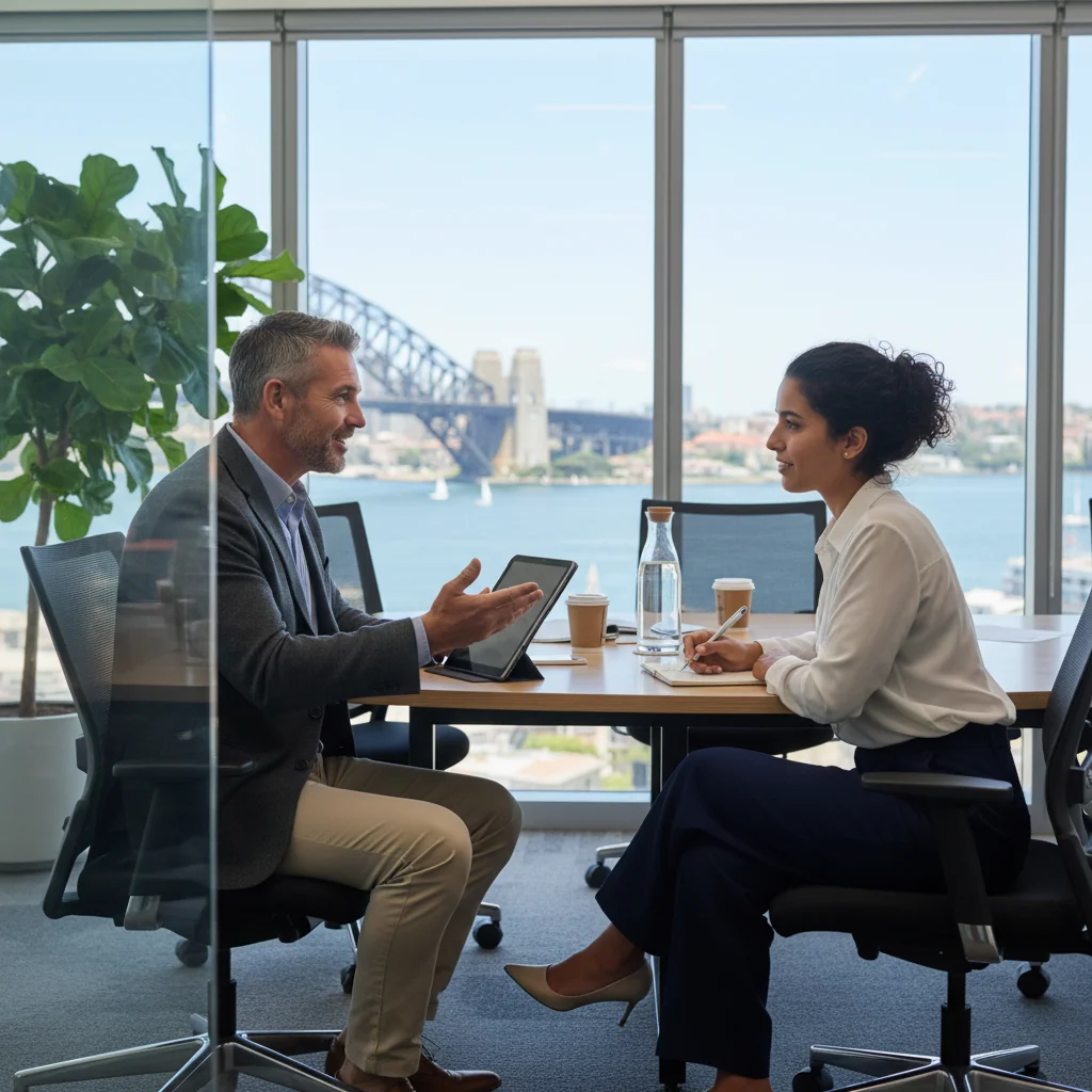 A photorealistic image depicting a professional meeting in an Australian workplace, where a manager and an employee are engaged in a constructive discussion about performance improvement, symbolizing support and growth without showing any documents.