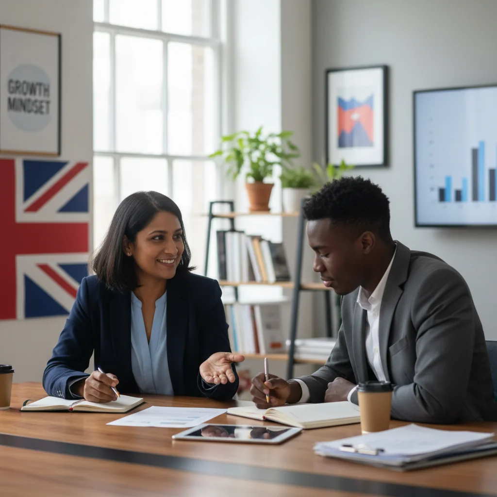 A photorealistic image depicting a professional meeting in a modern UK office where a manager and an employee are engaged in a constructive discussion about performance improvement, symbolizing the supportive implementation of a PIP without focusing on documents.