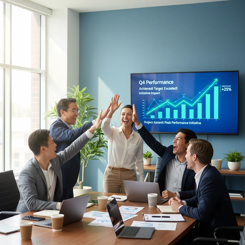 A photorealistic image depicting diverse groups of adults celebrating success in a professional development program, such as business professionals shaking hands in a modern office, with subtle elements like charts showing improvement, conveying achievement and growth without any focus on documents.