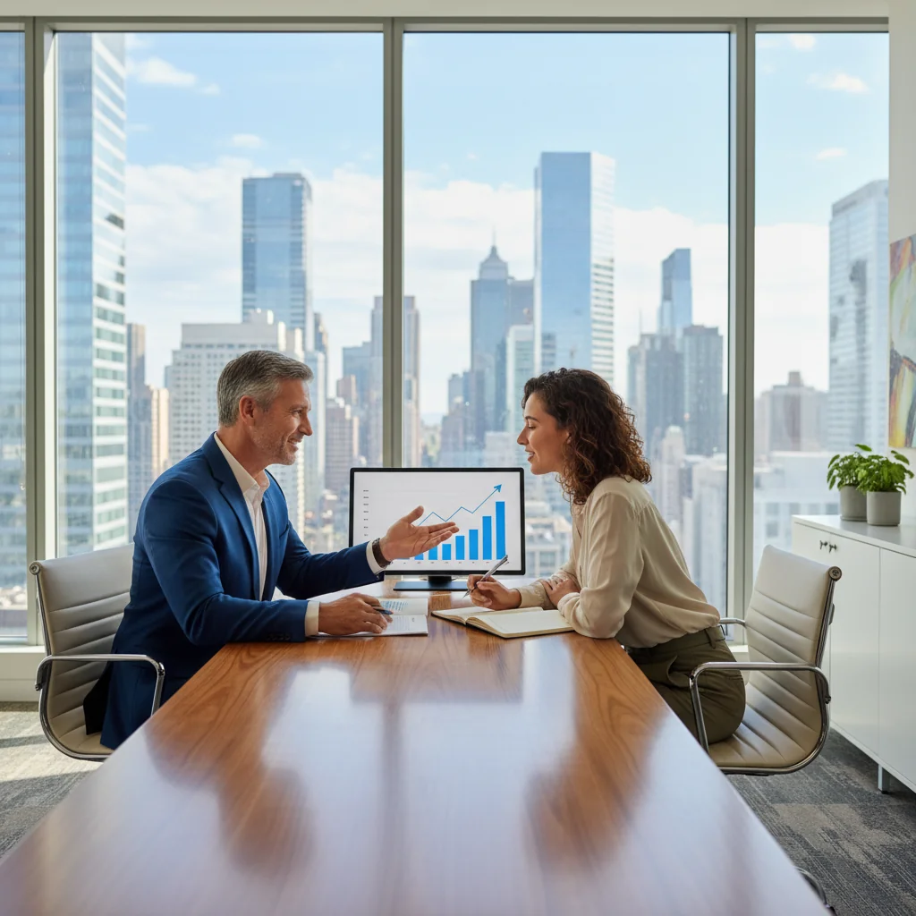 A photorealistic image of a professional manager in a modern office setting, conducting a positive performance review meeting with an adult employee, symbolizing the creation of an effective performance improvement plan. The scene shows engagement, motivation, and professional development, with no children present.