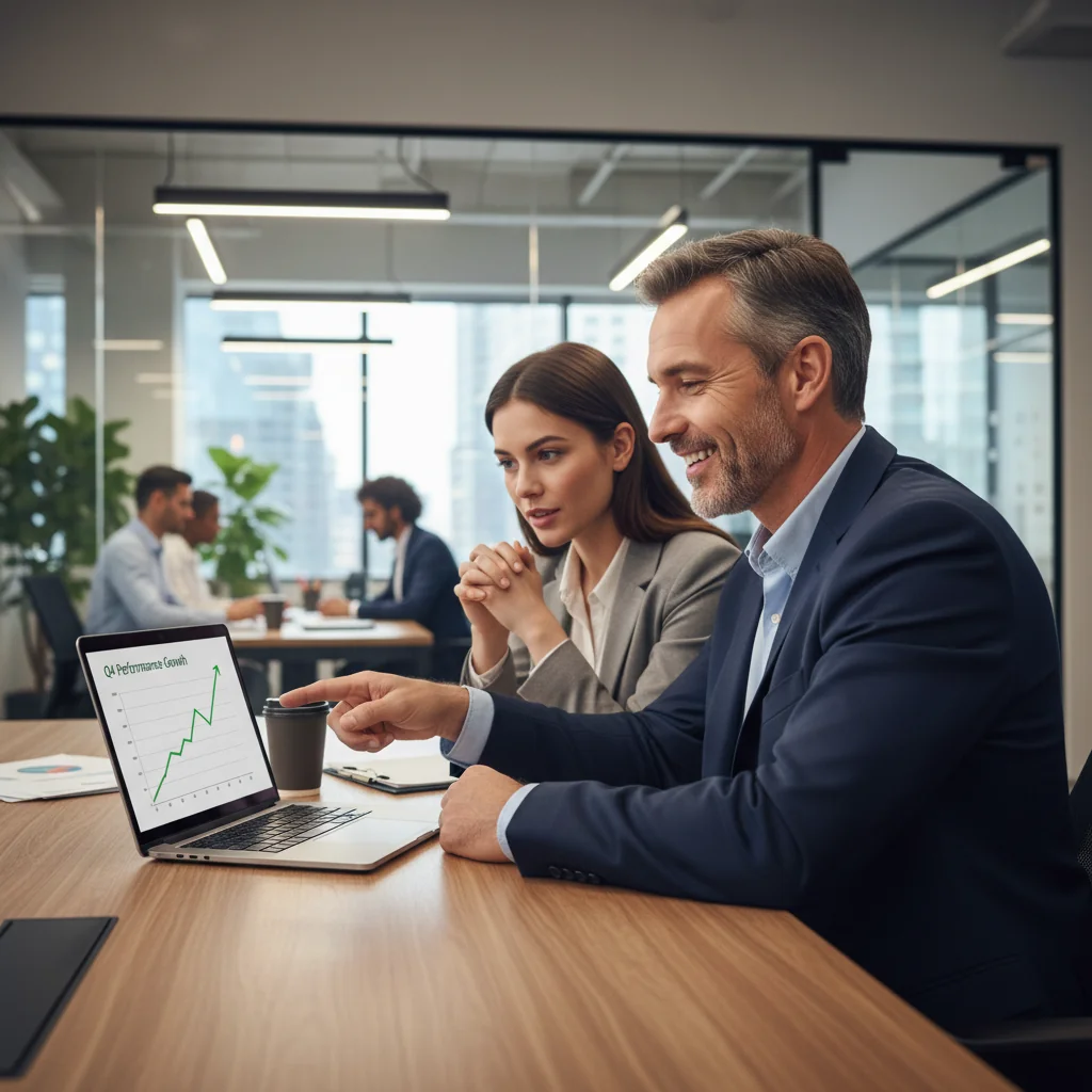 A photorealistic image depicting a professional manager in a modern office setting, engaged in a positive performance review discussion with an adult employee, symbolizing effective performance improvement and growth.