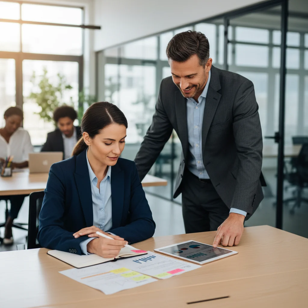 A photorealistic image of a professional adult employee in a modern office setting, engaged in a positive performance improvement discussion with a manager, symbolizing career growth and workplace development without focusing on documents.