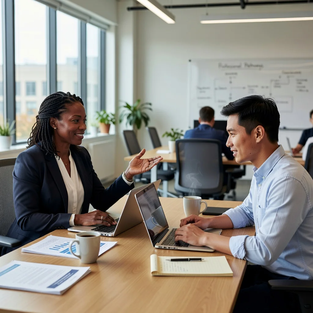 A photorealistic image of a professional manager in a modern office setting conducting a constructive performance review meeting with an adult employee, symbolizing guidance and improvement without showing any documents.