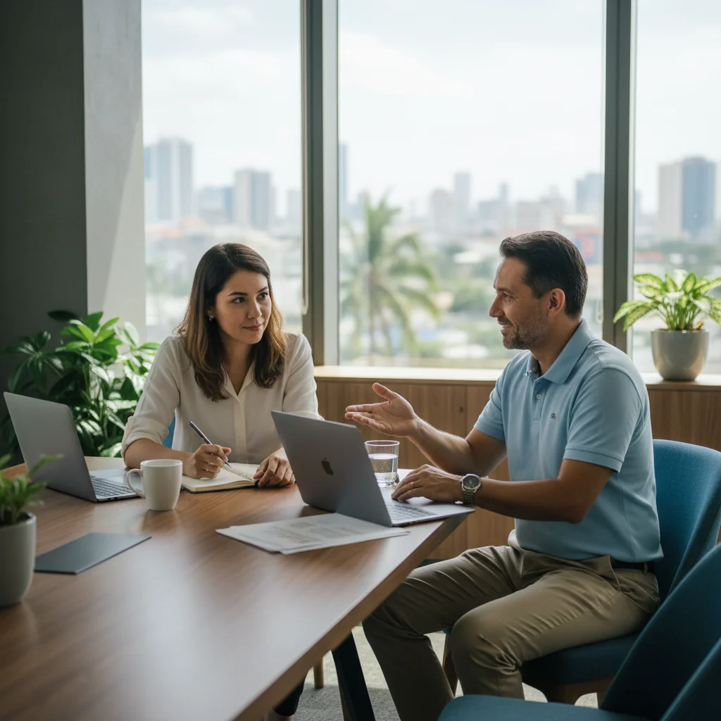 A photorealistic image of a professional employee in a modern office setting in the Philippines, engaged in a positive performance improvement discussion with a manager, symbolizing growth and support in the workplace.
