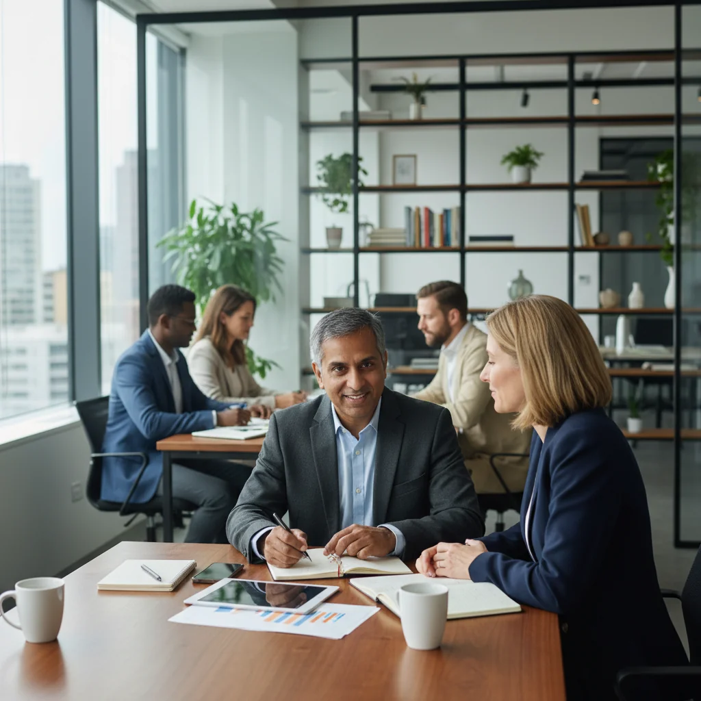 A photorealistic image of a professional adult employee in a modern UK office setting, sitting at a desk with a concerned yet determined expression, reviewing notes during a one-on-one meeting with a manager, symbolizing support and improvement in performance without focusing on documents.