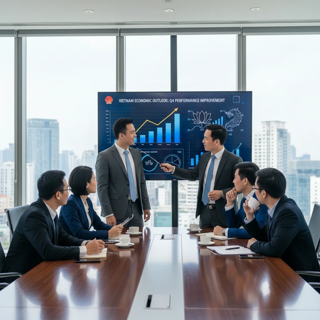 A photorealistic image of a professional Vietnamese business team in a modern office setting, collaborating on performance improvement strategies, with charts and graphs on a digital screen in the background, symbolizing economic growth and efficiency in Vietnam's business landscape. No children are present in the image.