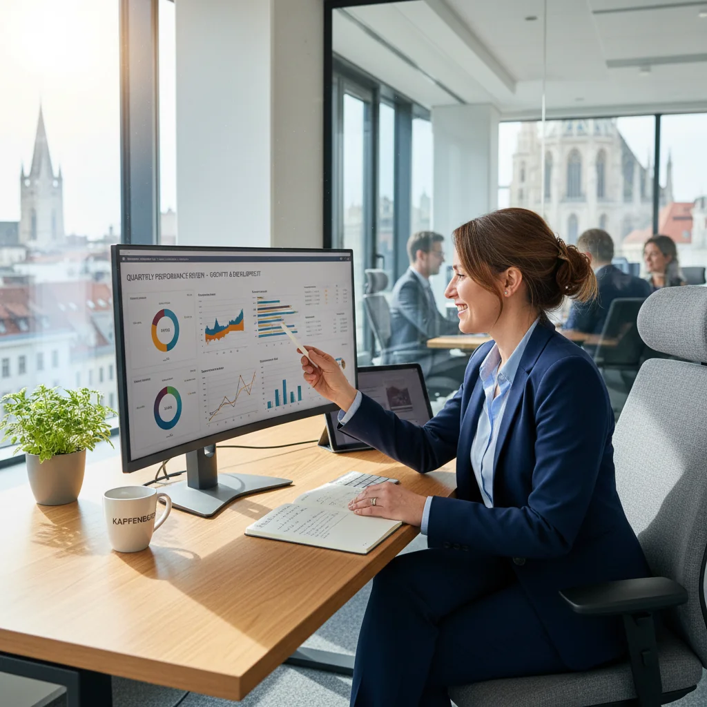 A photorealistic image of a professional adult employee in a modern Austrian office environment, looking motivated and engaged in their work, symbolizing performance improvement and career growth, with subtle Austrian elements like a flag or alpine view in the background.
