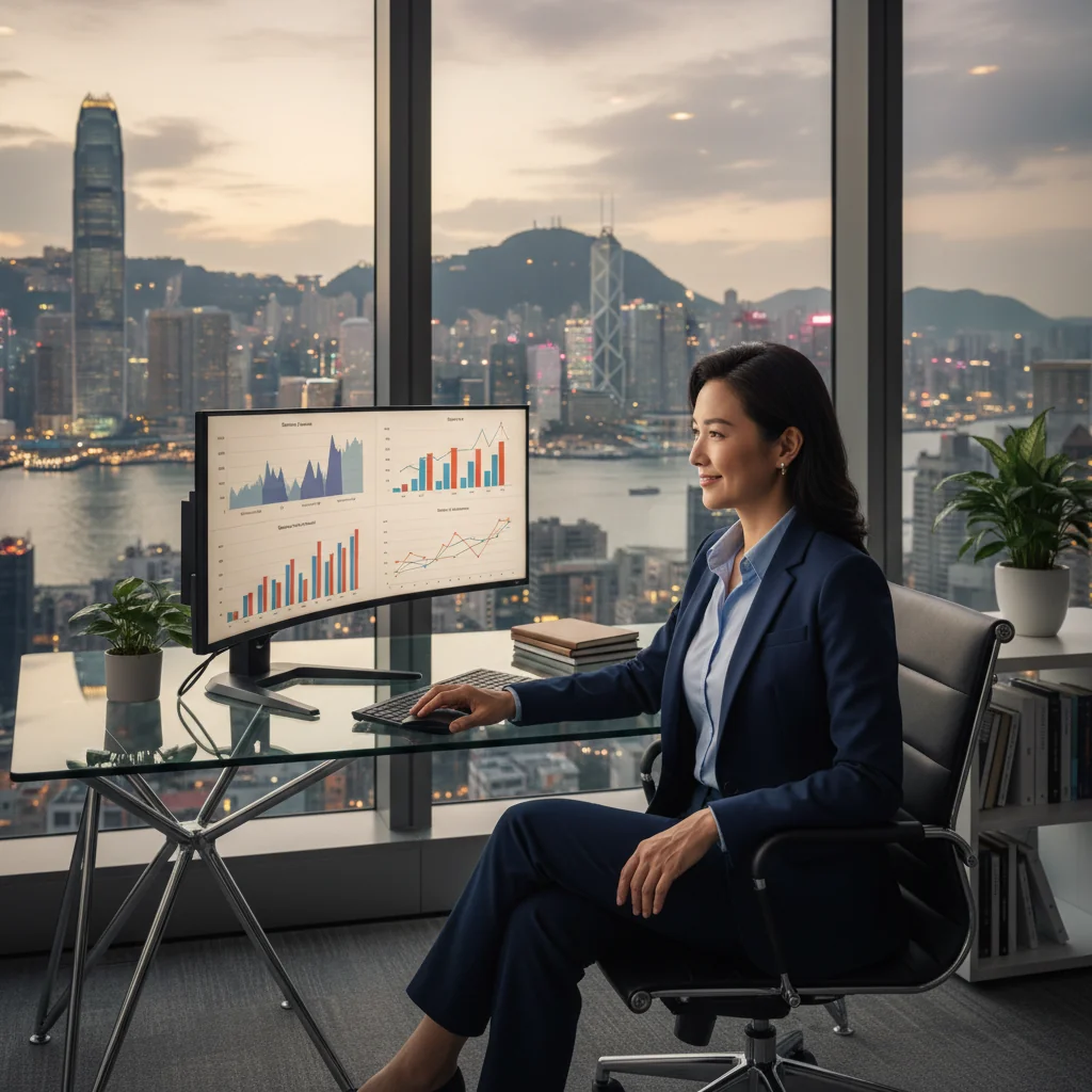 A photorealistic image of a professional adult in a modern Hong Kong office setting, symbolizing career improvement and performance enhancement, with elements like a city skyline view, confident posture at a desk, no children or legal documents visible.