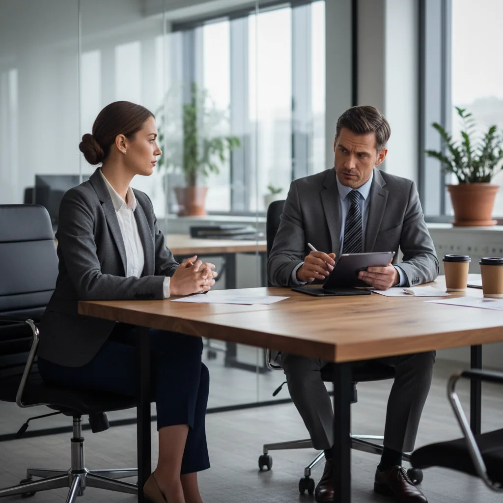A photorealistic image of a professional adult employee in a modern office setting, sitting across from an employer during a serious pre-disciplinary meeting for performance issues, conveying a sense of discussion and rights awareness, no children present.