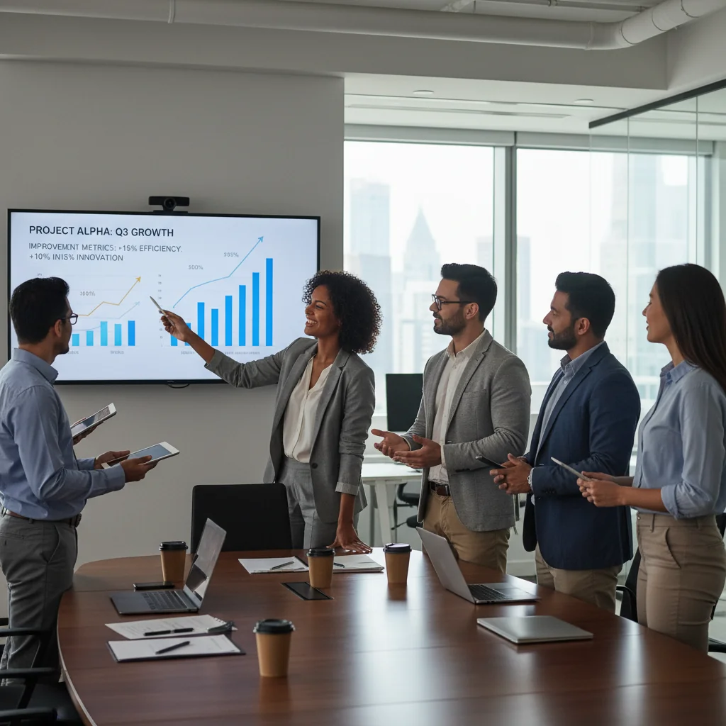 A photorealistic image of a professional business team in a modern office setting, collaboratively reviewing charts and plans on a large screen, symbolizing improvement in work results and strategic planning, with diverse adults only, no children present.