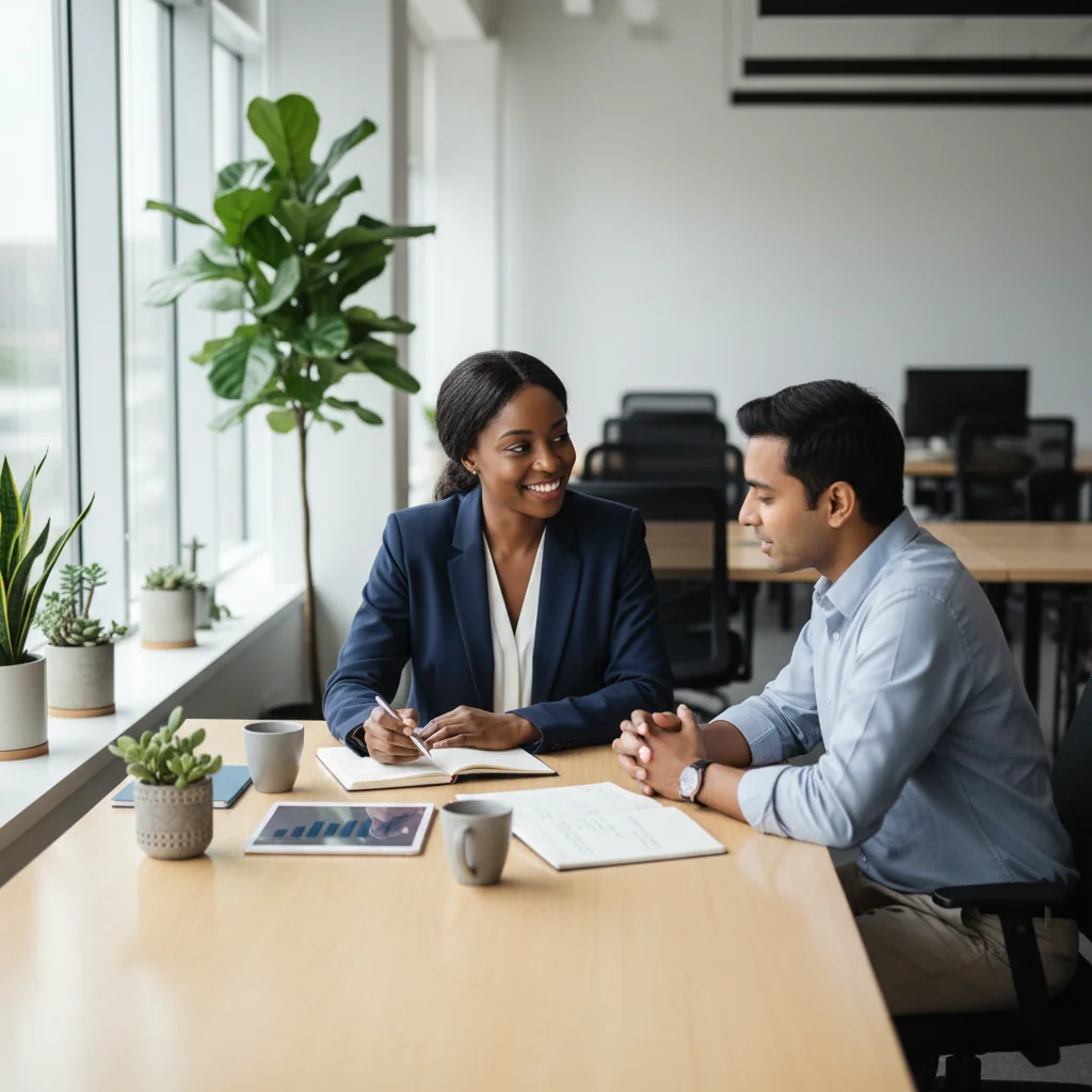 A photorealistic image of a professional meeting in a modern office where a manager and an adult employee are engaged in a constructive discussion about performance improvement, symbolizing support and growth in a workplace setting, with no children present.