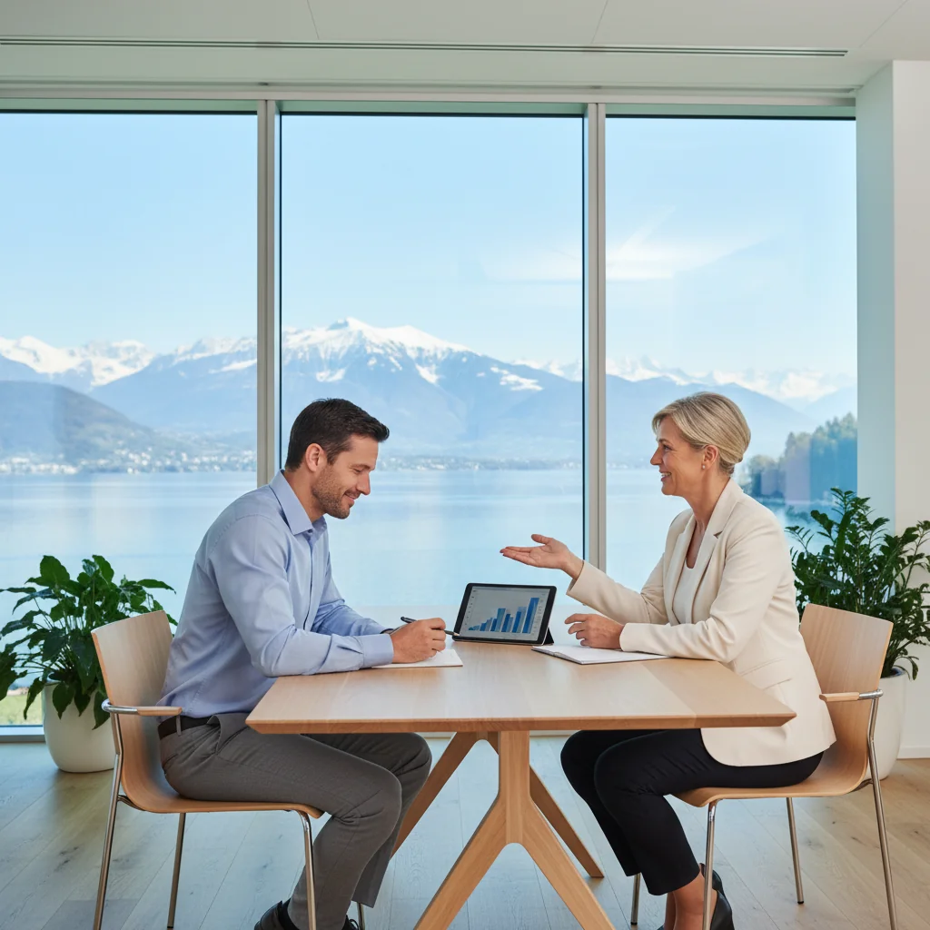 A photorealistic image depicting an adult professional in a modern Swiss office setting, engaged in a constructive performance review meeting with a manager, symbolizing career growth and improvement without focusing on any documents. The scene includes Swiss elements like a view of the Alps through the window, with the professional looking motivated and positive. No children are present in the image.