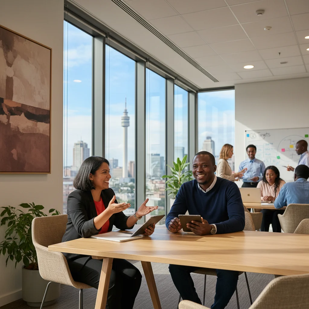 A photorealistic image depicting a professional performance improvement meeting between a manager and an employee in a modern South African office setting, symbolizing support and growth for better performance.