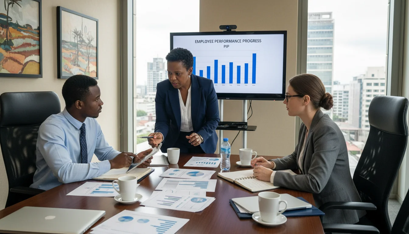 Team reviewing employee progress