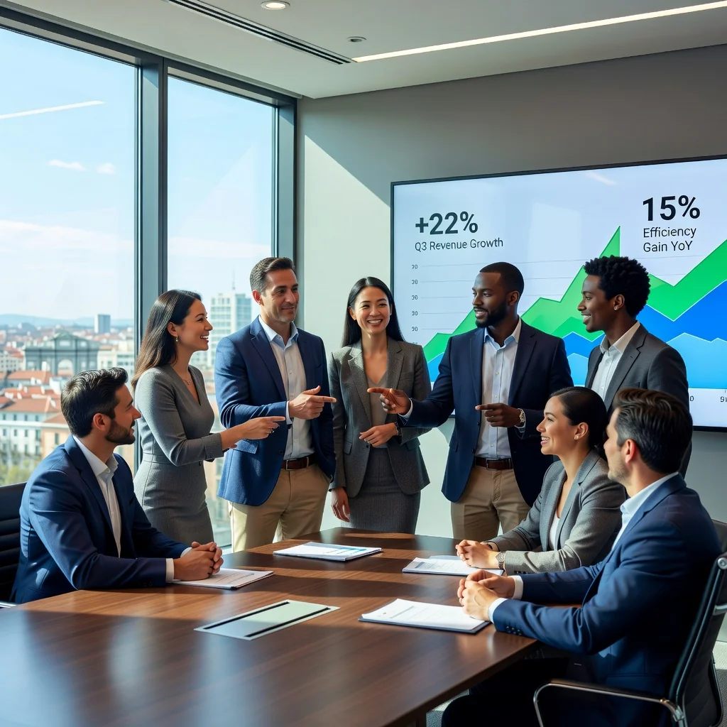 A photorealistic image of a diverse group of adult professionals in a modern Spanish office setting, collaboratively reviewing performance charts and improvement strategies on a digital screen, symbolizing the development of a performance improvement plan, with elements like the Spanish flag subtly in the background, conveying professionalism, growth, and teamwork.