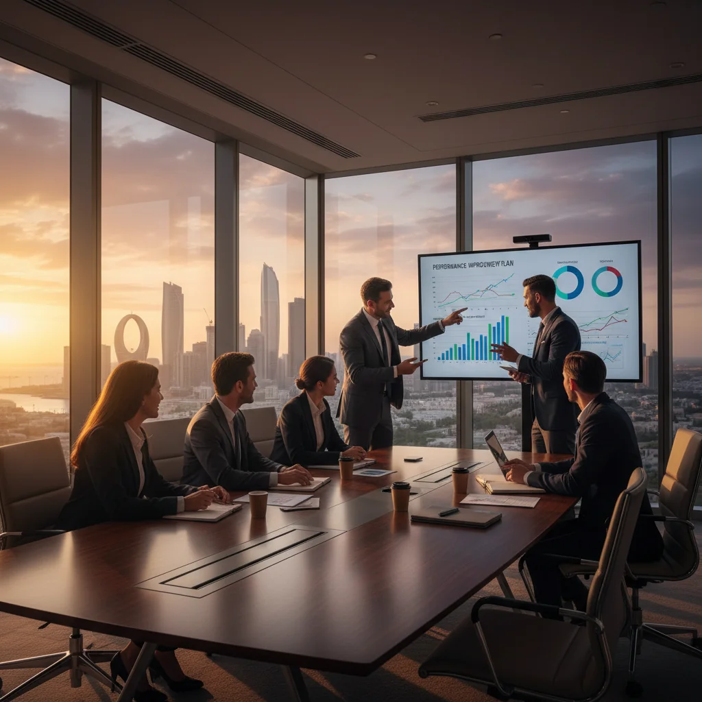 A photorealistic image of a professional business meeting in a modern office in Abu Dhabi, with diverse adults discussing performance improvement strategies around a conference table, overlooking the city skyline with Burj Khalifa in the background, conveying effectiveness and collaboration.