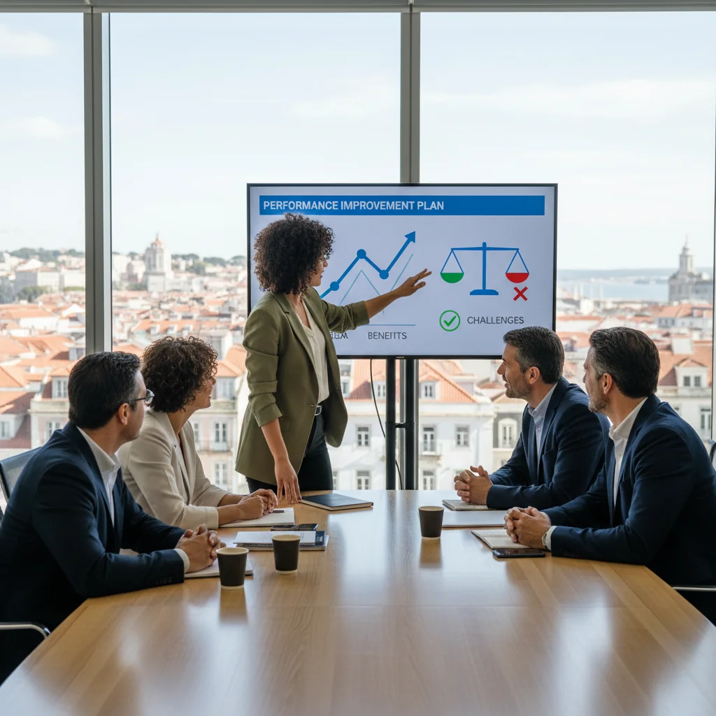 A photorealistic image of a diverse group of professional adults in a modern office setting, engaged in a collaborative performance review meeting. One person is presenting a chart showing improvement metrics on a whiteboard, while others nod approvingly, symbolizing benefits and challenges of performance improvement plans in a Portuguese workplace context. The atmosphere is positive yet focused, with natural lighting and realistic details.