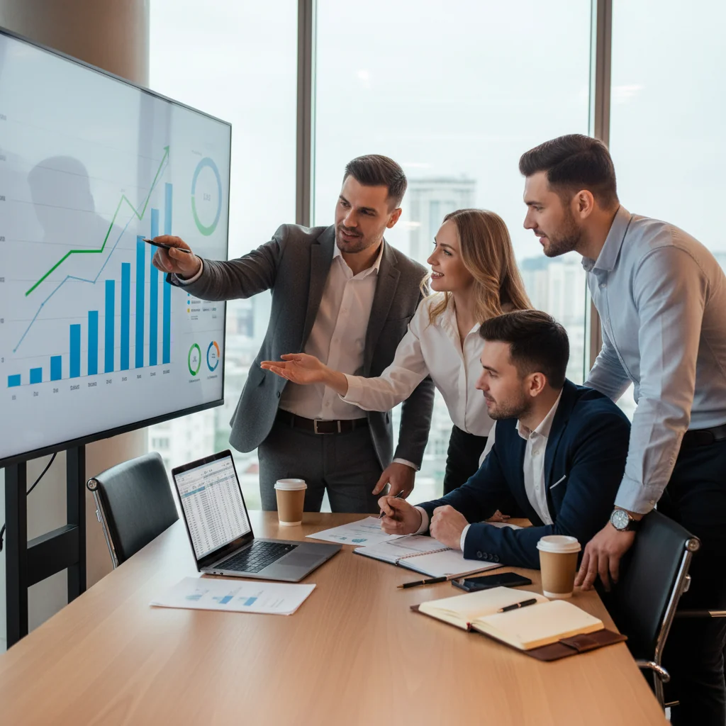 A photorealistic image of a professional business team in a modern office in Russia, gathered around a conference table, discussing charts and graphs on a digital screen showing upward-trending business metrics, symbolizing planning for improved business results. The scene includes diverse adults in business attire, with subtle Russian elements like a view of Moscow skyline through the window. No children are present.