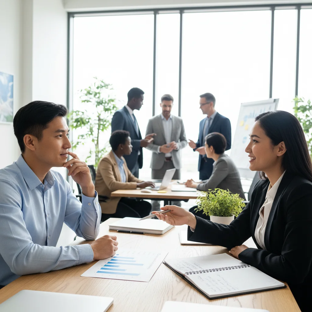A photorealistic image depicting a professional business meeting where a manager is discussing performance improvement strategies with an adult team member, showing collaboration and positive growth in a modern office setting, symbolizing successful performance improvement plans.