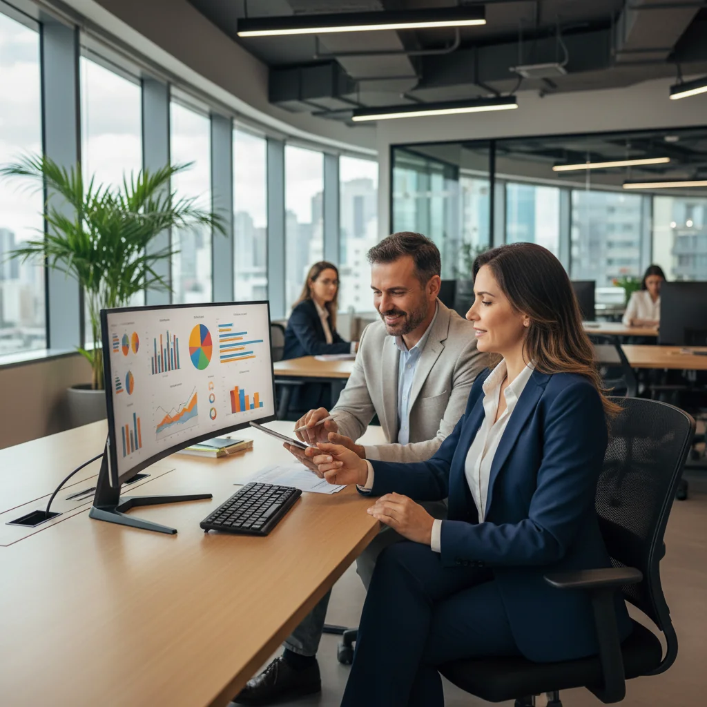 A photorealistic image of a professional adult employee in a modern Brazilian office setting, engaged in a positive performance review meeting with a manager, symbolizing career growth and improvement, with subtle Brazilian elements like a flag or cityscape in the background. No children or legal documents visible.